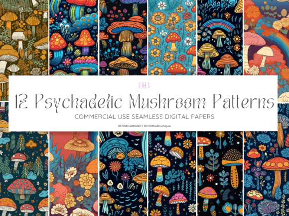 70s Groovy Mushroom Seamless Patterns for Creative Projects and Commercial Use