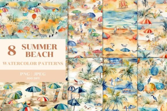 8 Summer Beach Patterns Watercolor for Creative Projects
