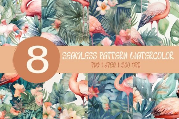 8 Watercolor Flamingo Seamless Patterns