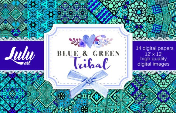 Blue and Green Tribal Patterns Digital Paper Sheets